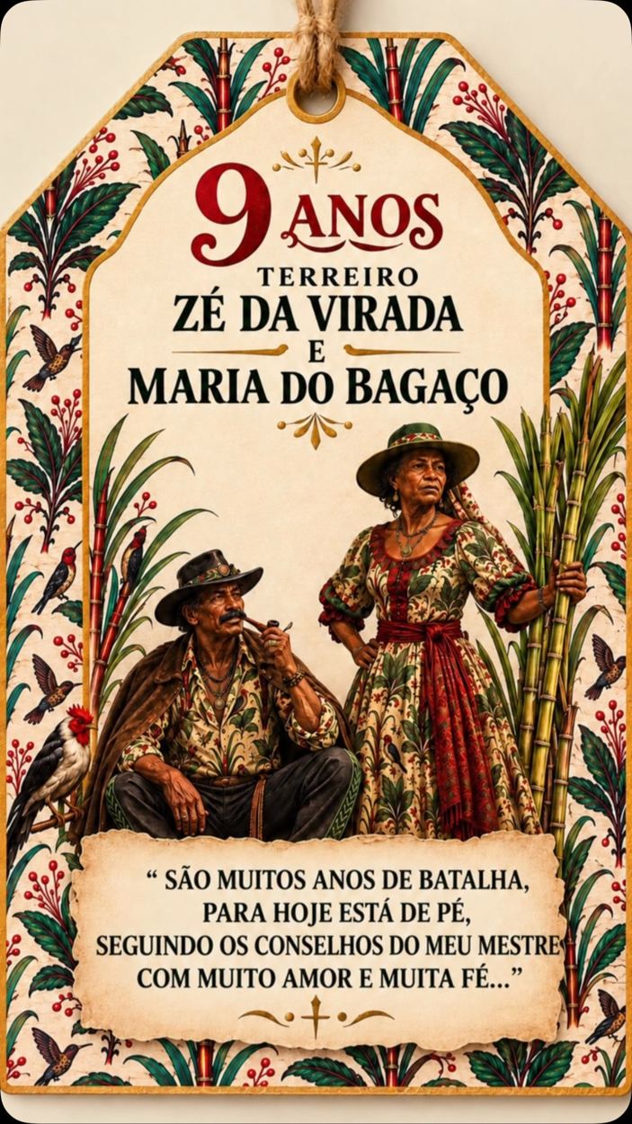 Arte comemorativa dos 9 anos da casa com Zé da Virada e Maria do Bagaço